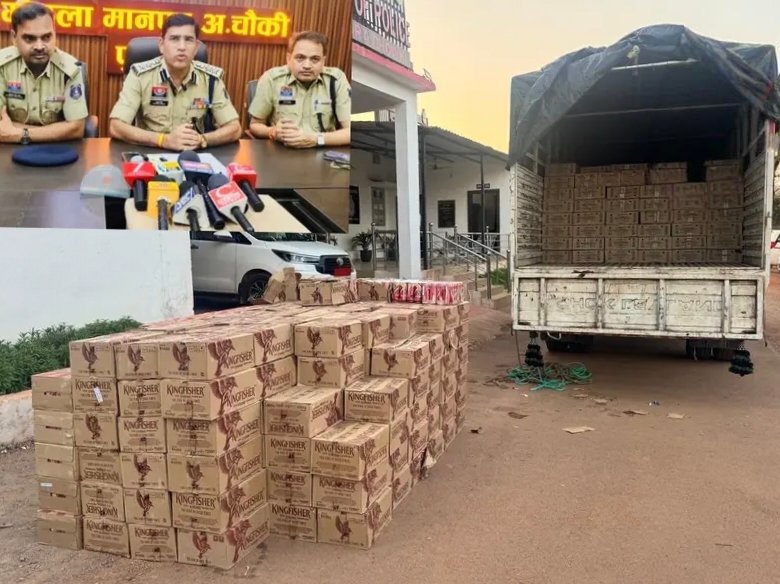 जंगल में पीछा कर पुलिस ने पकड़ा शराब से भरा ट्रक, एक करोड़ की 800 पेटी अंग्रेजी शराब जब्त 1 IMG 20260606 202910